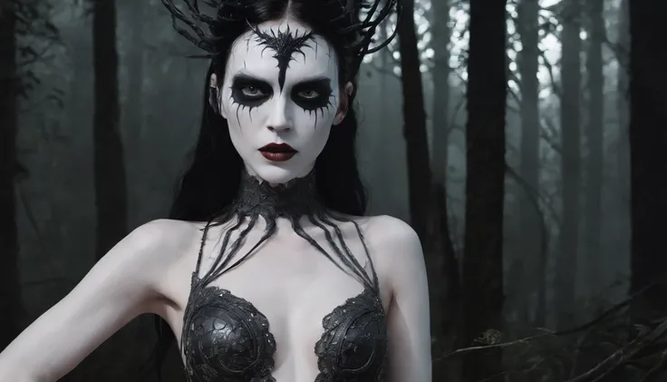 Half body shot of a pale white skin naked woman with black metal make-up in a dark forest, forest at night, horror movie, ultra detailed, photorealistic, masterpiece.