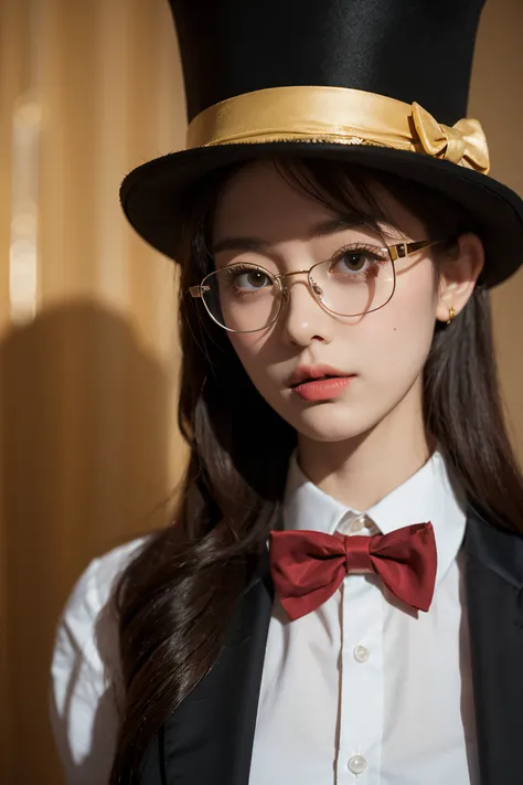 Fantasy style, owl in a top hat, suit dress, red bow tie, single-rimmed gold wire glasses, close-up, gloomy background, mysterious atmosphere