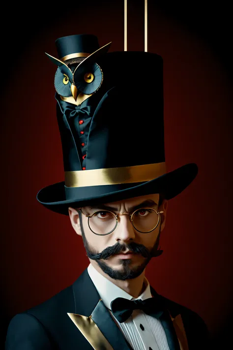 Fantasy style, owl in a top hat, suit dress, red bow tie, single-rimmed gold wire glasses, close-up, gloomy background, mysterious atmosphere