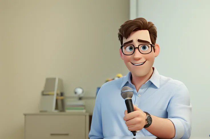 A WHITE MAN, journalist, a 3d disney pixar style movie poster, high quality, best quality, HOLDING MICROPHONE,