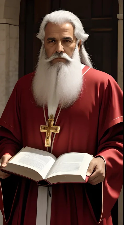 Um homem muito velho, longos cabelos brancos, barba cinza grande, Olhos afundados e cansados, Hes a saint, He is dressed in a red robe, ele parece um padre, he is holding the Bible in one hand and in the other hand he has a cross, tem uma luz irradiando o ...