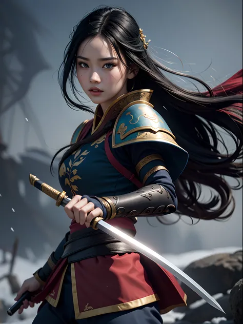 glowing, two tone color hair, glowing eyes, mulan composed of red light, mulan made up of black smoke, black-haired mulan，white-...