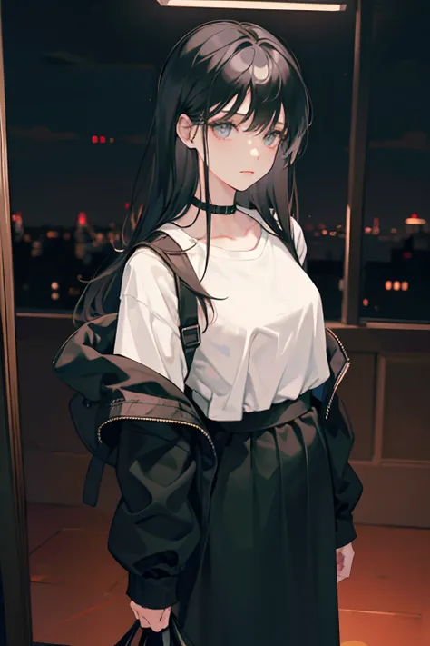 1 girl, long black hair with bangs, calm, oversized tee shirt and long skirt, flat chest, dimly lit apartment complex, calm, canvas backpack, nighttime, bleak colors, black and white colors