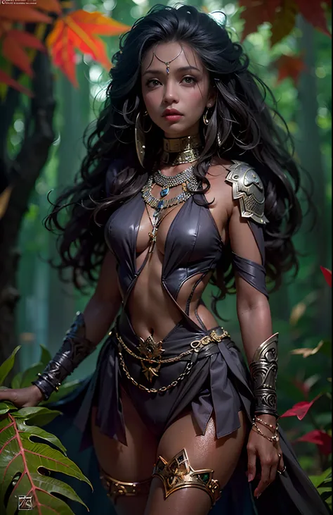 ((16-year-old))) black girl, (((light skin))), warlock, magical aura surrounding her, she is in the forest with monsters surrounding her, (((thigh gap))), (((cameltoe))), (((close-up full body pose))),  long black wavy hair, high heel boots, (((druid style...