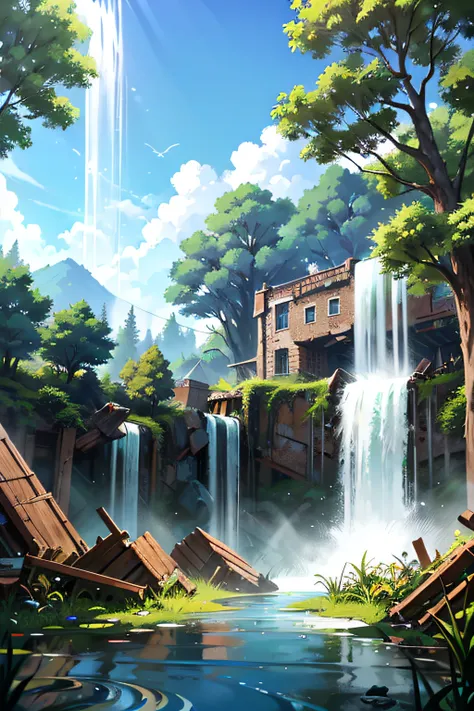 cidade futurista, taken over by trees with a destroyed building and a waterfall running through it, just below a pond with a fox...