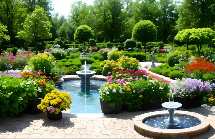 garden, beucfiful flowers, water fountain with flowers