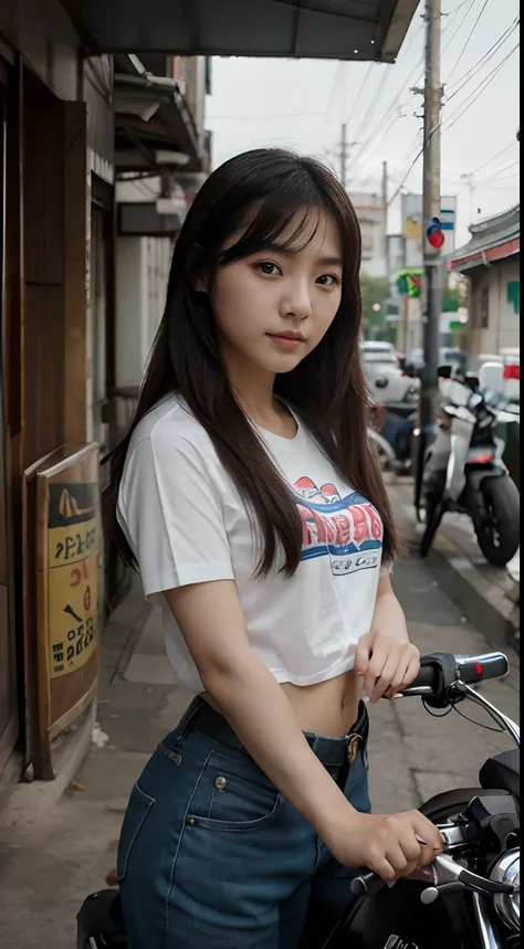 beautiful Korean girl and motorbike, free to pose, 16k resolution, super cute face looking at the camera, surreal image,