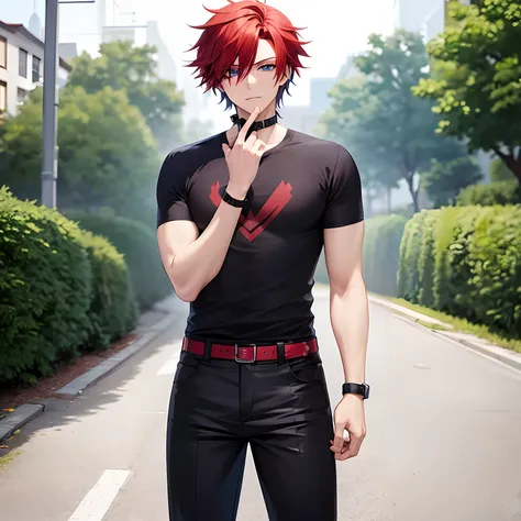 Create a captivating male anime character with fiery red hair and striking blue eyes. His hair should be styled in a trendy and somewhat disheveled manner, giving him a unique, eye-catching appearance. The characters eyes should be intense and expressive, ...