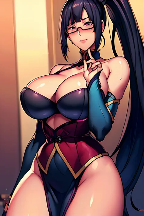 (focus on whole body), (cowboy shot), outdoor, (standing pose), tempting pose, sexy pose, arms grabbing breasts, (blushing face:1.4), smiling,cyan dress, (doctor dress 0.5), cleavage cutout, clothing cutout, bare shoulders, semi-rimless eyewear, black hair...