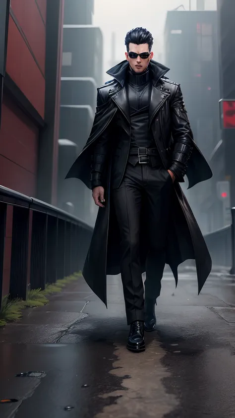 A man in a black coat and black pants walks across a bridge, Tech-savvy long coat, He is dressed in a black cloak, Photo of cinematic outfit, Fashionable cyberpunk clothes, Trench coat and suit, Square Enix Style of Play, Neo from The Matrix, based on Yama...