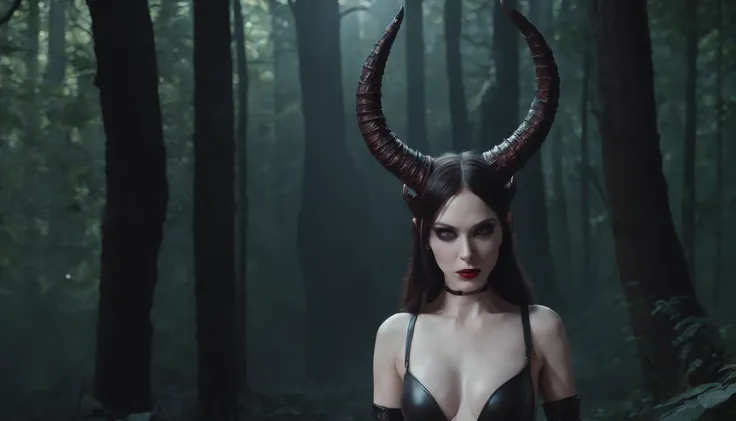 Pale white skin demon woman with horns dressed in leather leotard in a dark forest, forest at night, ultra detailed, photorealistic, masterpiece.