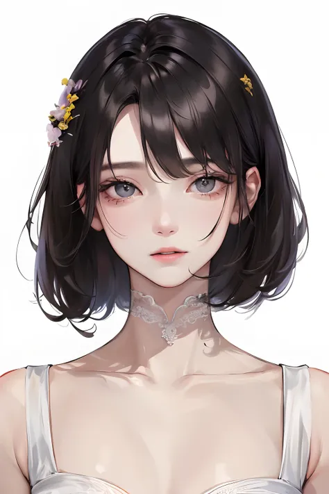 (Top resolution、Distinct_image)top-quality、femele、​masterpiece、ighly detailed、Semi-realistic、Black short hair、Dark hair、grey  eyes、bangss、21years old、Mature、年轻、cafes、dried flower、Exquisite facial features、Facial features