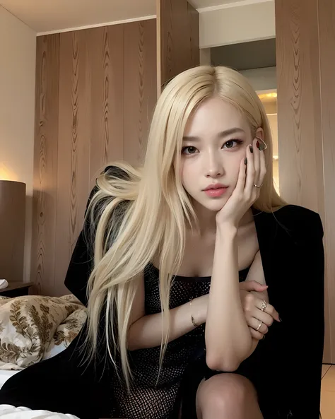 Blonde woman sitting on a bed with her hand on her face, Parque Roseanne do Blackpink, Retrato de Jossi de Blackpink, jossi do blackpink, jia, Retrato Jisoo Blackpink, Jisoo do Blackpink, jisoo do blackpink, menina coreana, Heonhwa Choe, Lalisa Manoban do ...