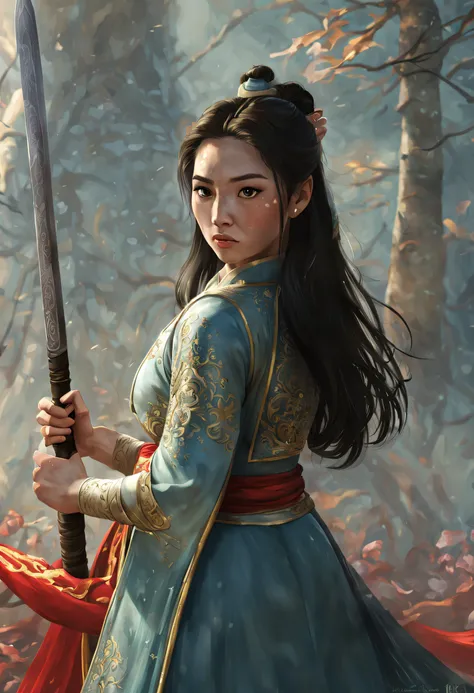 a 3d render (close-up of mulan holding a sword), （a very long sword，shining with cold light），（a sword with a dragon pattern），the...