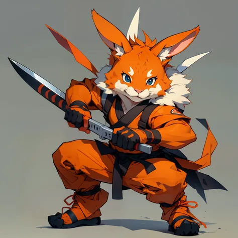 cute orange rabbit, ninja outfit, ninja weapons, animal, standing on its hind legs, energical, active, whimsical, funny, simple background