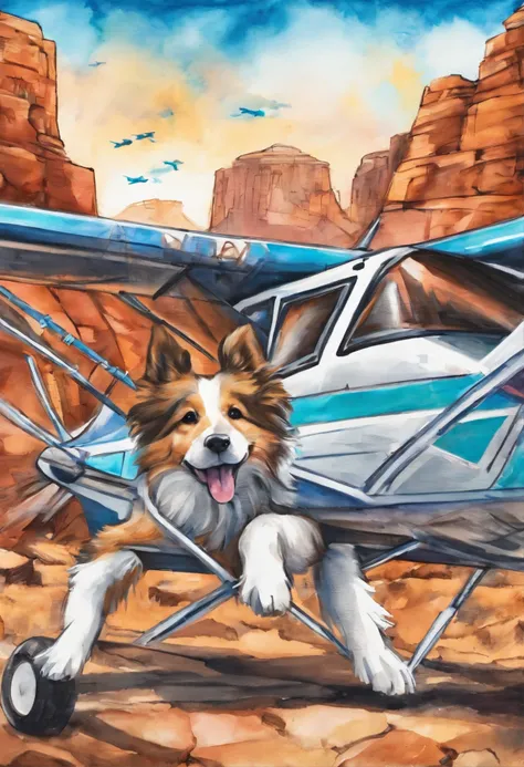 Sedona Arizona mountain ledge closeup of a Miniature Sheltie leaning up against a wooden cross in the ground while a blue and white Piper Cherokee airplane flies in the sky overhead, with mesas in the background, sharp details, vivid watercolor style, wate...