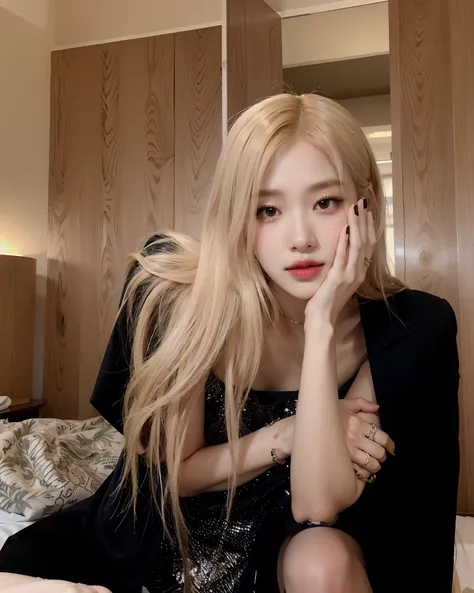 Blonde woman sitting on a bed with her hand on her face, Parque Roseanne do Blackpink, Retrato de Jossi de Blackpink, jossi do blackpink, jia, Retrato Jisoo Blackpink, Jisoo do Blackpink, jisoo do blackpink, menina coreana, Heonhwa Choe, Lalisa Manoban do ...