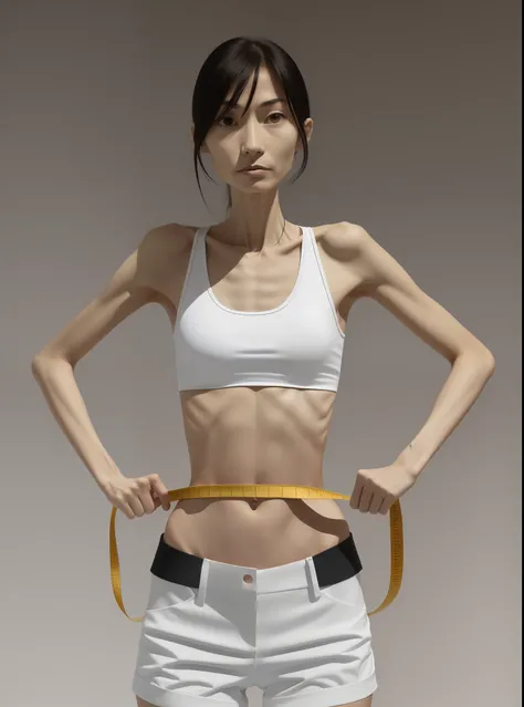 Emaciated body and hungry stomach，Very slim waist and legs，Thin figure，The sternum is distinct，The ribs are obvious，Sunken abdomen，Excessive weight loss，Thin shoulders