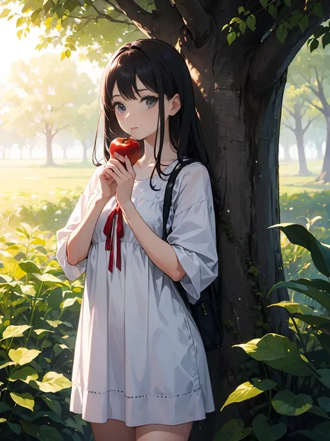 Potrait photography of Beautiful girl, wear casual dress, standing in front of tree, eating apple, illuminated by sunlight, closeup shot, nature, cozy, beautiful light, masterpiece, vibrant