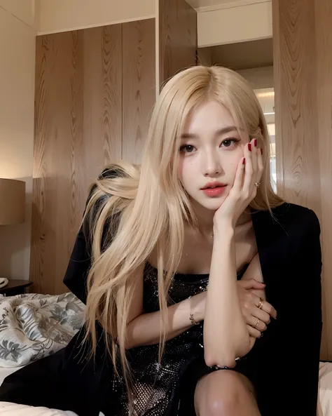 Blonde woman sitting on a bed with her hand on her face, Parque Roseanne do Blackpink, Retrato de Jossi de Blackpink, jossi do blackpink, jia, Retrato Jisoo Blackpink, Jisoo do Blackpink, jisoo do blackpink, menina coreana, Heonhwa Choe, Lalisa Manoban do ...