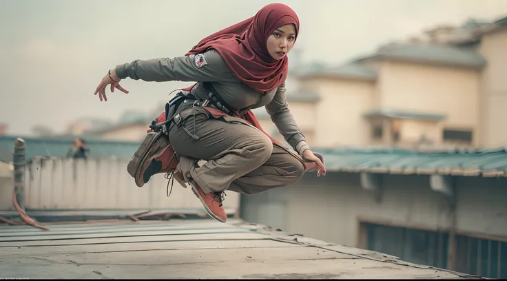 Create a film still with a Malay girl in hijab leaping across a rooftop in a high-octane action scene, reminiscent of Mission: Impossible. Use a wide-angle lens and intense lighting to capture the tension and excitement, photo taken using Panavision DXL2, ...