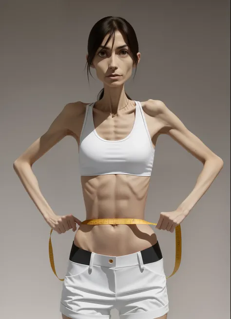 Emaciated body and hungry stomach，Very slim waist and legs，Thin figure，The sternum is evident，The ribs are noticeable，Sunken abdomen，Pronounced pelvis，Excessive weight loss，Thin shoulders，angry look