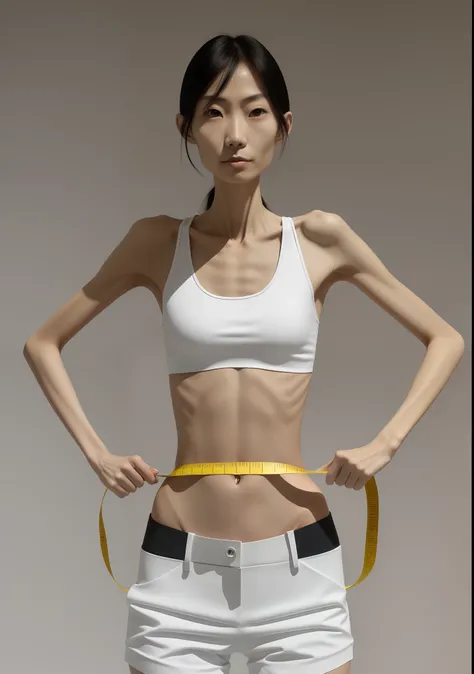 Emaciated body and hungry stomach，Very slim waist and legs，Thin figure，The sternum is distinct，The ribs are noticeable，Sunken abdomen，The pelvis is pronounced，Excessive weight loss，No abs，Asian face