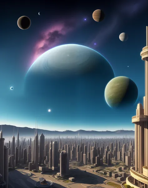 Advanced city with old style architecture, on a sea with a gas giant planet in the sky