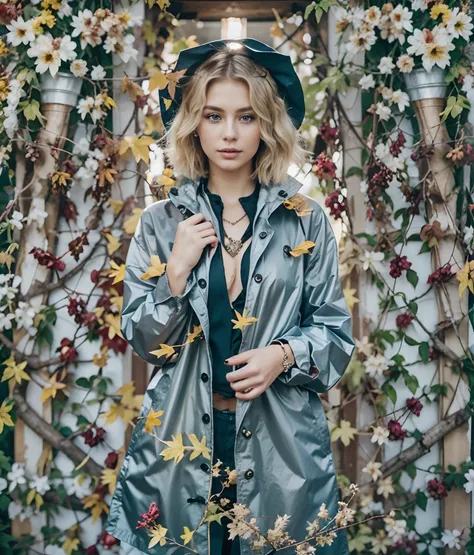 Blonde woman with short blonde hair, Late Autumn, with beautiful hairstyle and jewelry, Beautiful Raincoat