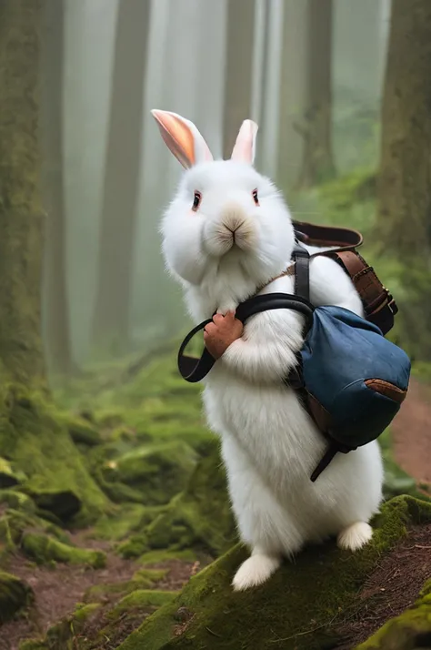 Classic negative portrait photo, Fantasy video game character concept art, A cute white fluffy rabbit，Carrying a small brown leather backpack，Take a look at the hiking map through the forest, dungeons and dragons, fantasy, River, haze, Halo, full bloom, Dr...