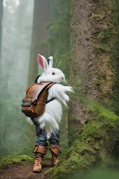 Classic negative portrait photo, Fantasy video game character concept art, A cute white fluffy rabbit，Carrying a small brown leather backpack，Take a look at the hiking map through the forest, dungeons and dragons, fantasy, River, haze, Halo, full bloom, Dr...