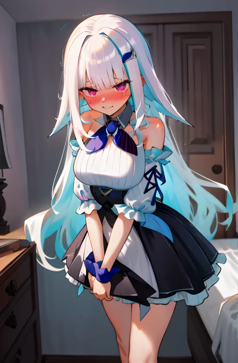 One girl with long wavy hair, white hair, looking at viewer, embarrassed, blushing, tears, indoor , bare shoulders, puff sleeves, medium breast, black maid dress, maid, maid head accessories, stomach, mini skirt, midriff, bedroom, naked, perfect waist, thi...