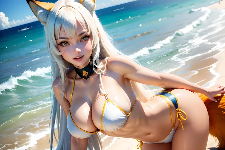 (ultra-detailed,best quality,highres:1.2),BLARKY beautiful caucasian woman with very long straight white hair,(yellow eyes),fair skin,expressive face,attractive appearance,animal ear fluff,animal ears,extra ears,fox ears,fox girl,fox tail,long hair,bangs,h...