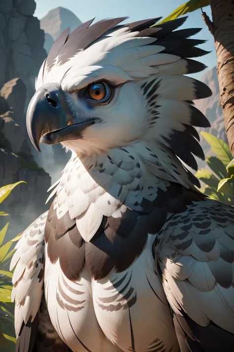 A realistic 4K  harpy eagle with gray feathers, with a serious expression and looking straight ahead 
imposing