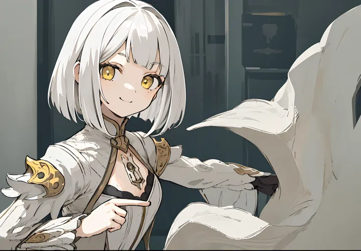 Cinematic, Fancy effects, Petite, Intricate details, 1 girl, Solo, Small girl, (Medium curved bob + White hair : 1.2), Detailed yellow eyes, (Detailed face:1.2), Medium breasts, White over-sized T-, V-sign, Smile