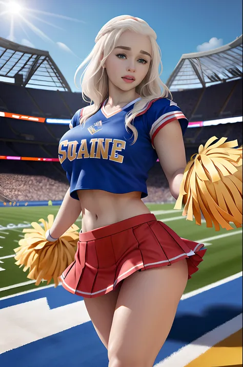 emilia clarke, masterpiece quality, realistic, lots of detail, sunny day, cheerleader outfit, pleated miniskirt, super short min...