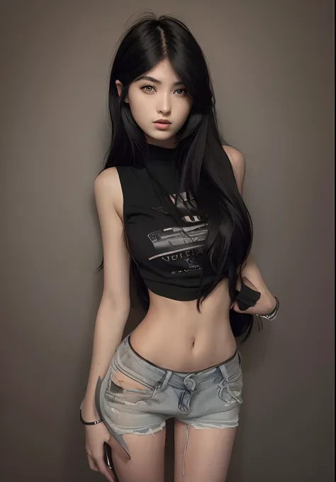 arafed woman with long black hair and a black shirt, photo of slim girl, 2 4 year old female model, 18 years old, 2 7 years old, 2 2 years old, 1 8 I, sexy body and sexy abdomen, 2 8 years old, 21 years old, 2 3 years old, photo of slim girl model