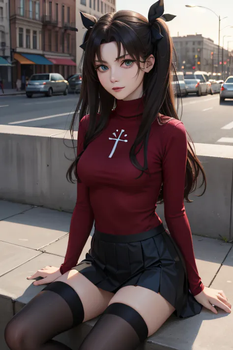 (masterpiece), best quality, expressive eyes, perfect face, 1girl, solo, rintohsaka, rin tohsaka, aqua eyes, black hair, hair ribbon, long hair, ribbon, sidelocks, two side up, black skirt, black thighhighs, long sleeves, miniskirt, pleated skirt, ((red sw...