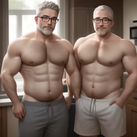 naked dad, short grey hair, muscle arms and calves, short grey beard, slightly fat belly, a slightly hairy, glasses, pale blue eyes, big