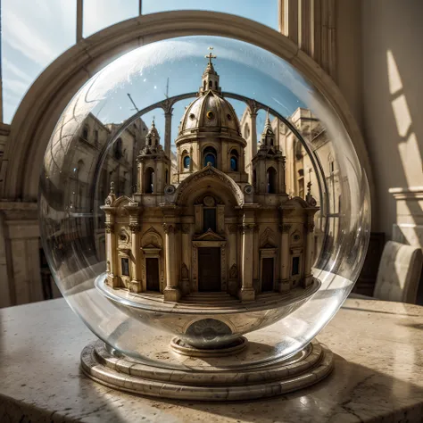 cathedral of matera inside a glass bubble. bubble is placed on marble windowsill. extremely detailed, 8k, apocalyptic punk style...