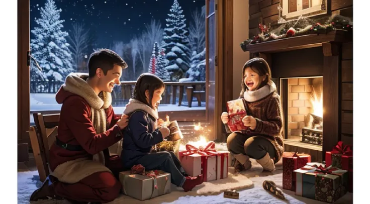 n. Snowflakes fall gently from the sky, families gather around the fireplace, and children unwrap presents with delight. Laughter, warmth, and love fill the air, creating a truly magical atmosphere]