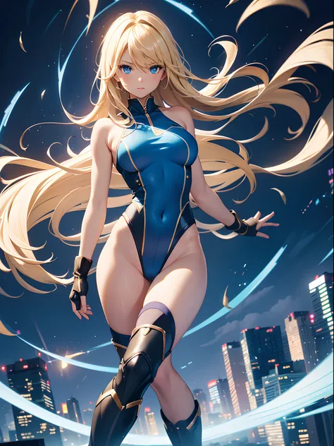 masterpiece, best quality, highres, 1girl, solo, superhero, leotard, bare legs, boots, matching boots, aura, blue aura, sleeveless, gloves, bracelets, matching gloves, looking at viewer, light particles, city backdrop, perfect hands, perfect eyes, powering...