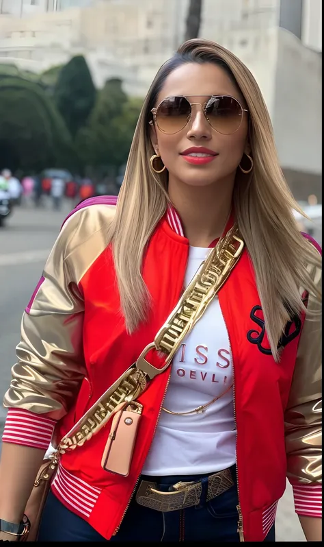 Woman in red jacket and sunglasses walking down the street, estilo esportivo profissional, she is wearing streetwear, In Sao Paulo, mulher no streetwear, wearing versace sunglasses, na semana de moda de nova york, Lorena Avarez, Vestido casualmente, São Pa...