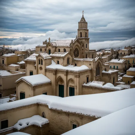 Church in Matera, snow on the roofs of the Cathedral, in Sassi di Matera ((Top quality, 8k, masterpiece: 1.4)), clouds, snow falling, close view