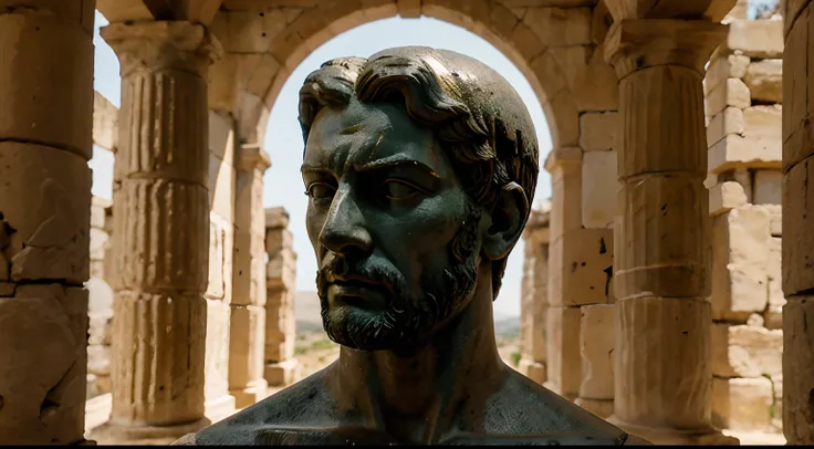 Ancient Stoic Statue With Very Angry Expression, tem barba, muitos detalhes em ambos os olhos, Outside, fundo atenas grego, open sky, com rosto extremamente detalhado full body view, Colors with low saturation with dark tone, Filmado em Sony A7S III com So...