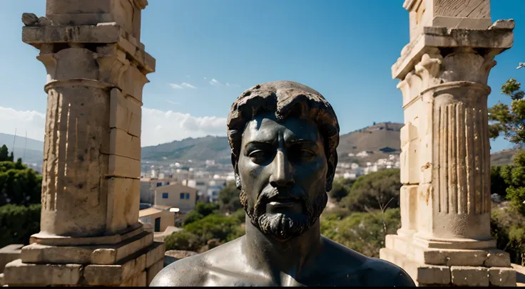 Ancient Stoic Statue With Very Angry Expression, tem barba, muitos detalhes em ambos os olhos, Outside, fundo atenas grego, open sky, com rosto extremamente detalhado full body view, Colors with low saturation with dark tone, Filmado em Sony A7S III com So...