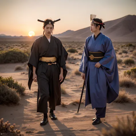 Japanese samurai in the desert，Beetle horn headdress，Ending，the setting sun，blur backgroun，Waste soil style