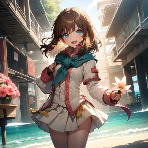 solo, happiness, dynamic lighting, masterpiece, cute lonesome flower girl at the beach, holding flowers, dancing, laughing, XD, skinny, thin, young, school outfit, short skirt, blue scarf, brown hair, glowing shiny magical blue eyes, looking down at viewer...