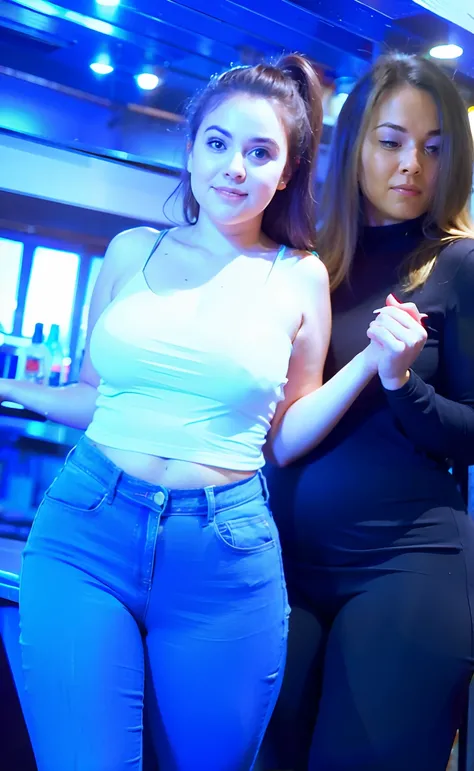 Chubby girl with fat belly standing in bar in tight black