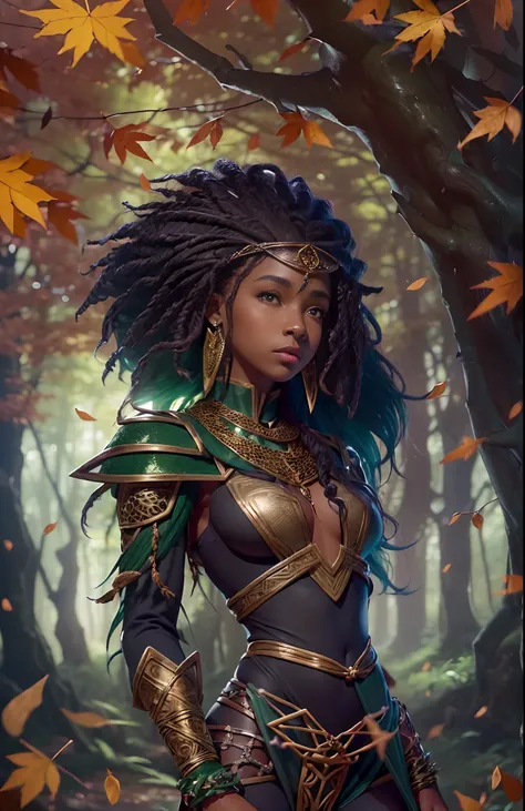 ((16-year-old))) black girl, (((light skin))), druid, magical aura surrounding her, she is in the forest with monsters surrounding her, (((thigh gap))), (((cameltoe))), (((close-up full body pose))),  long black wavy hair, high heel boots, (((wearing leave...